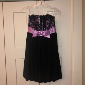 Strapless black and purple lace cocktail dress